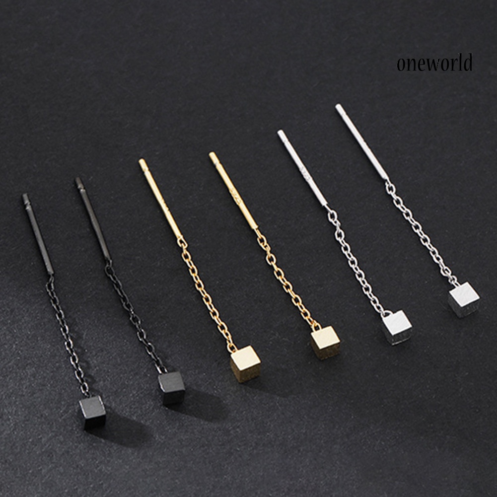 OW# Fashion Women Small Geometric Cube Long Dangle Chain Earrings Party Jewelry