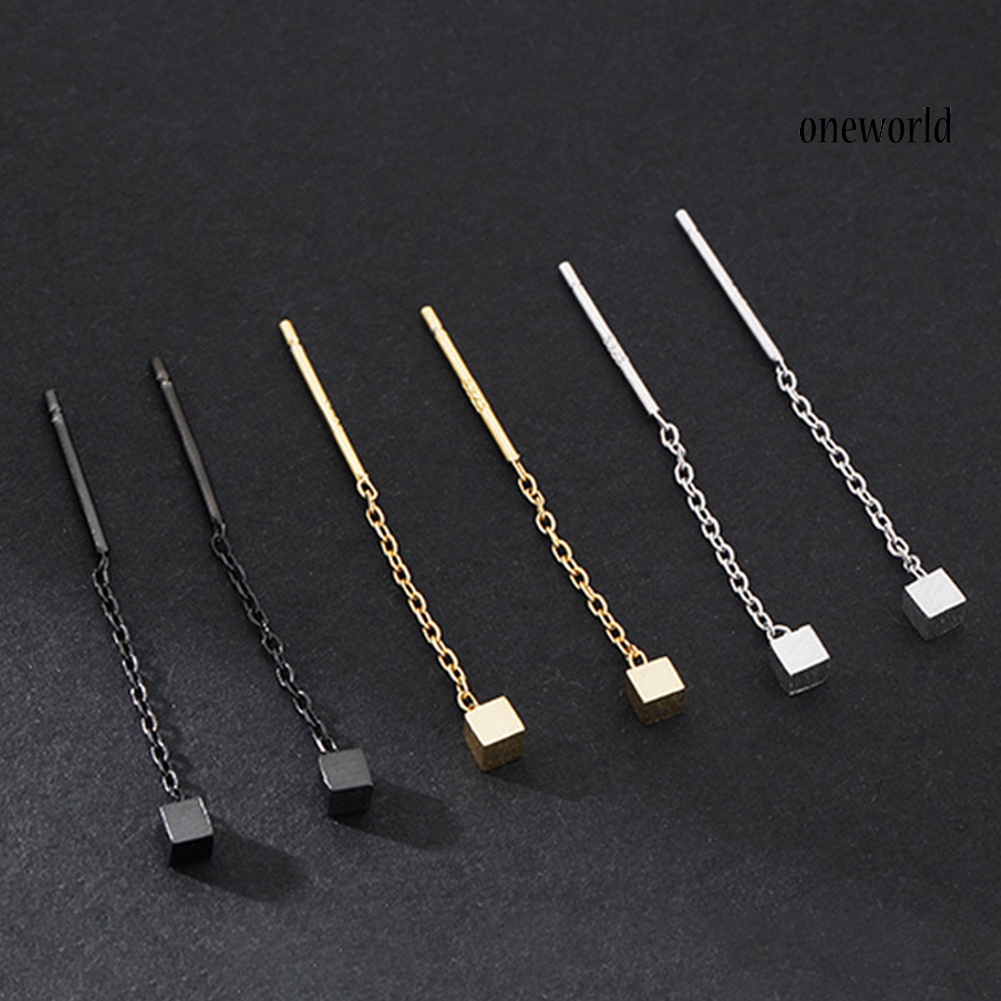 OW# Fashion Women Small Geometric Cube Long Dangle Chain Earrings Party Jewelry