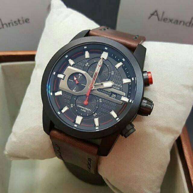 Jam Tangan Pria Alexander Christie AC 6270 Black Tali Kulit Coklat Original
