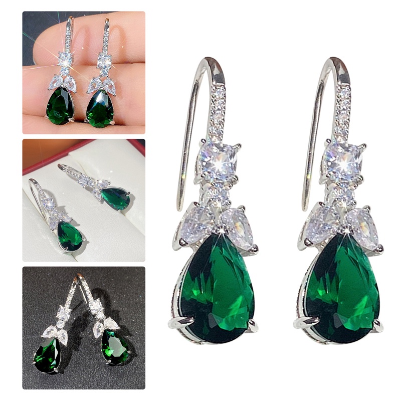 Anting Tusuk Gantung Wanita Bentuk Pir Hias Cubic Zirconia Warna Hijau Gaya Elegan Untuk Pestapernikahan