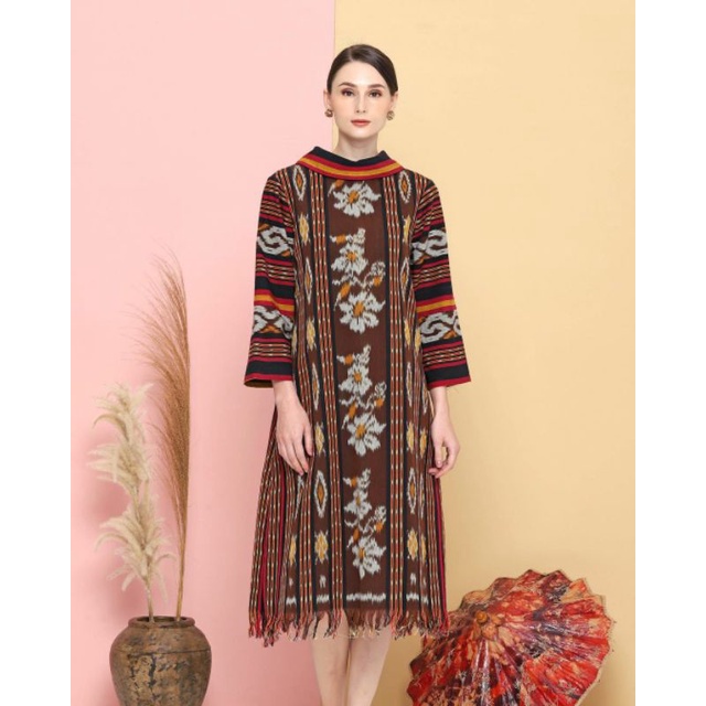 Dress tenun etnik rumbai baju tenun jepara coklat DTB98