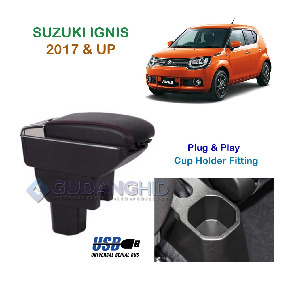 Armrest Box Mobil Suzuki Ignis 2017 &amp; Up 7 USB Port Charger + LED