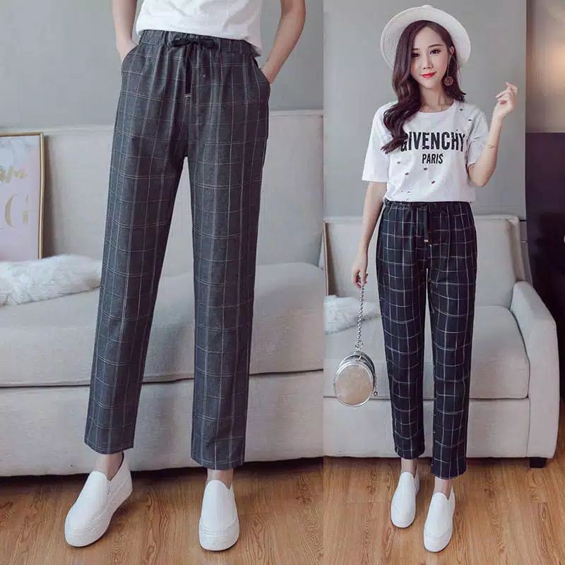 Celana tartan motif kotak/ Celana wanita kotak kotak/  Baggy pant motif kotak