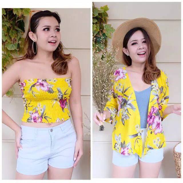 SET KEMBEN CARDIGAN MOTIF BUNGA ASLI BALI