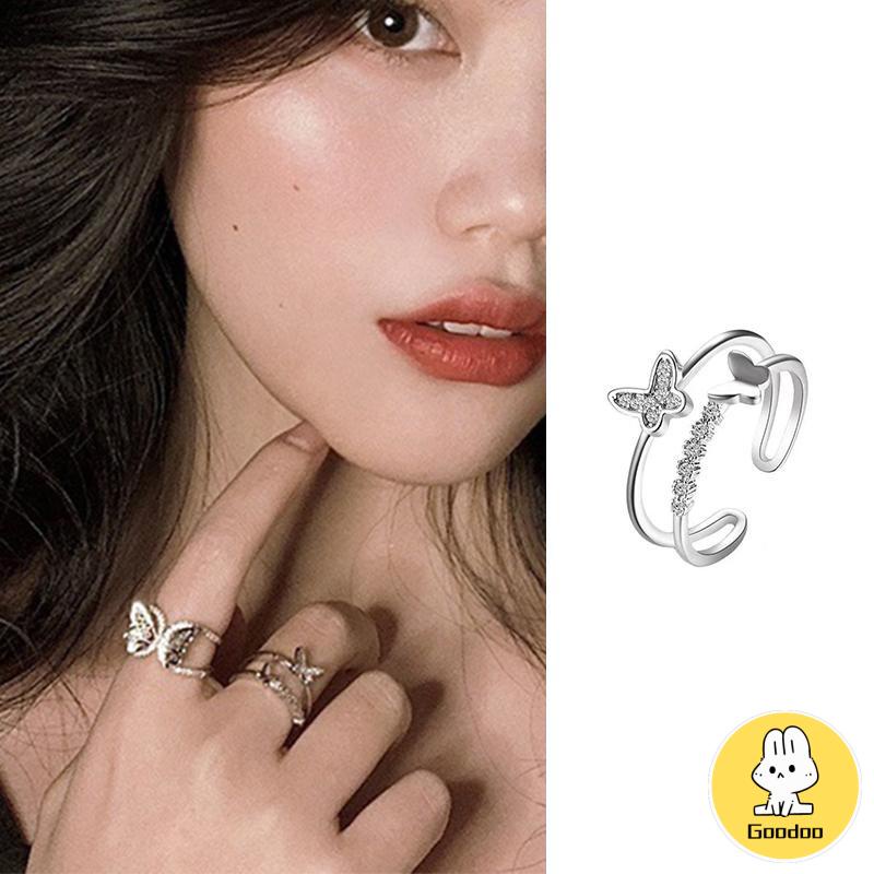 Double Butterfly Diamond Ring Pembukaan Cincin Dapat Disesuaikan Wanita Fashion Perhiasan Aksesoris Hadiah Natal -Doo