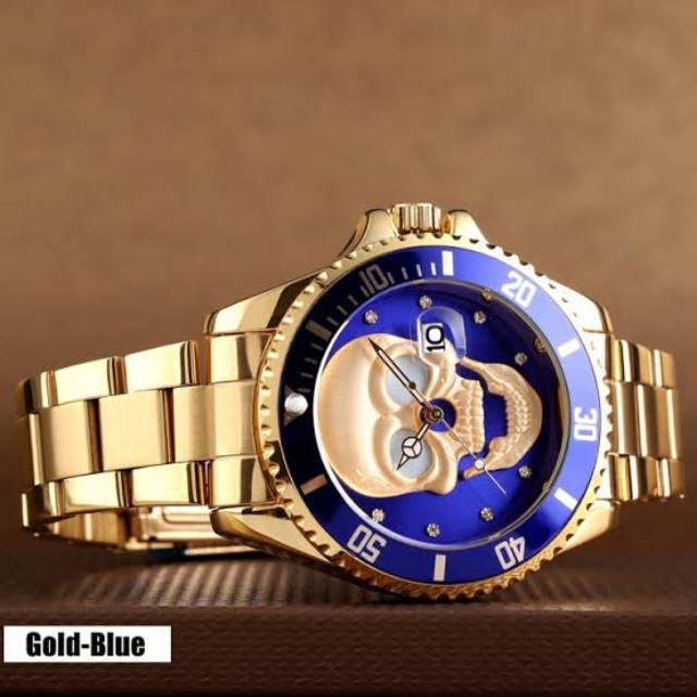 JAM TANGAN PRIA SKMEI ORIGINAL 9195 GOLD 3D SKULL WATERRESIST