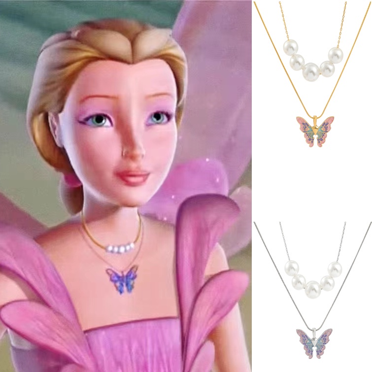 Barbie Kalung Choker Rantai Ganda Desain Kupu-Kupu Hias Mutiara Imitasi Untuk Wanita