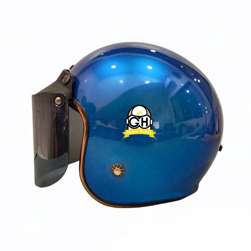 Helm Retro List Chrome Chamelond Biru Helm Bogo Half Face SNI Free Kaca Flat