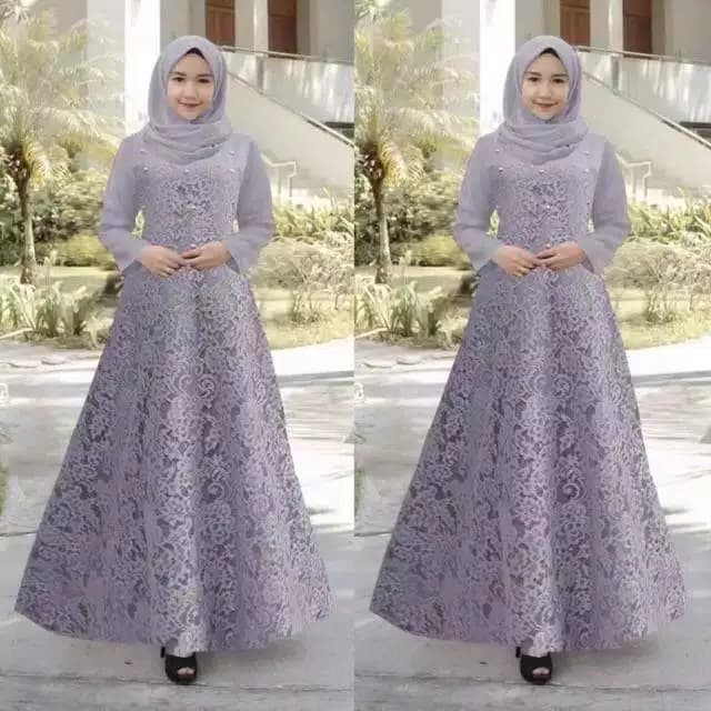 MODEL BAJU GAMIS TERBARU KOMBINASI BRUKAT MODERN PESTA WANITA SYARI 20