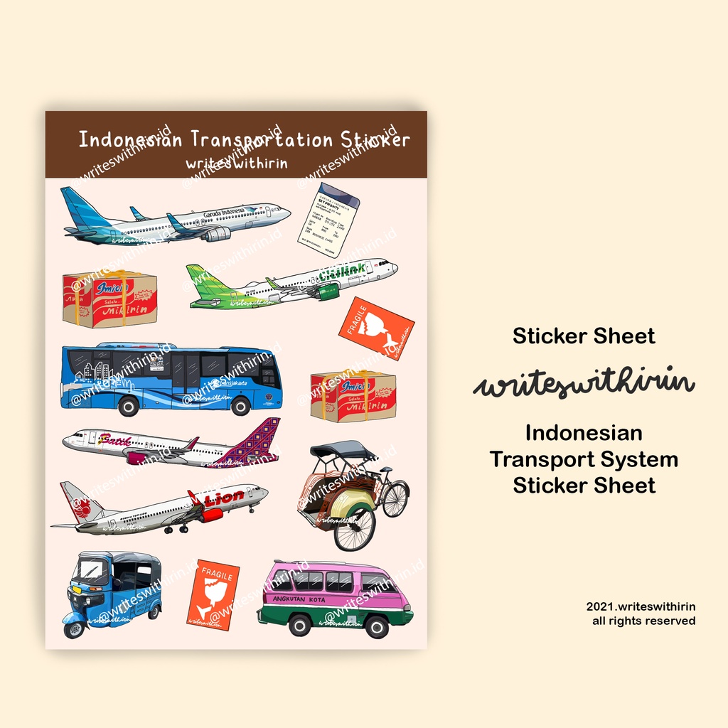 

(writeswithirin) Indonesian Transportation/ Transportasi Sticker Sheet (Bujo/ Penpal)