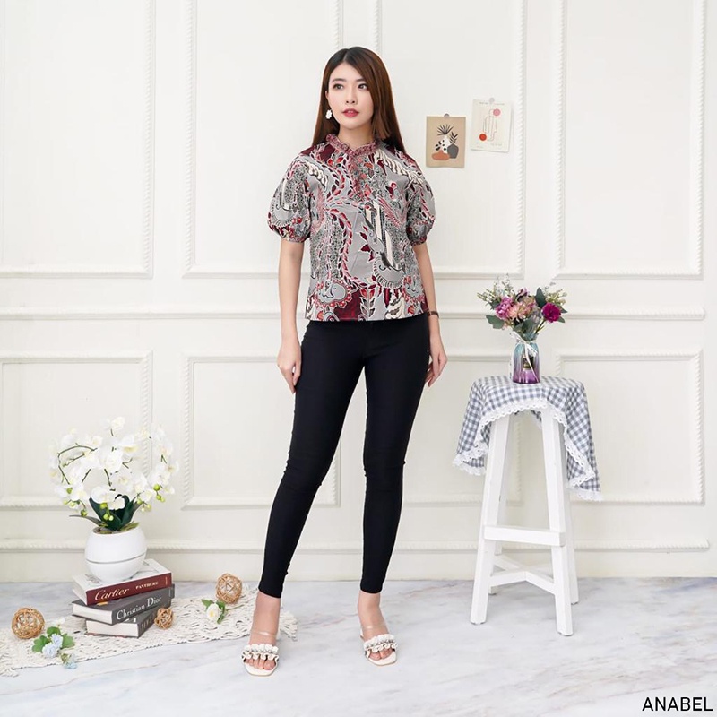 Evercloth Anabel Atasan Batik Wanita Blouse Batik Perempuan Model Lengan Puff Baju Batik Cewek Katun Stretch Premium Batik Couple Family Set Sarimbit Abu Grey Silver