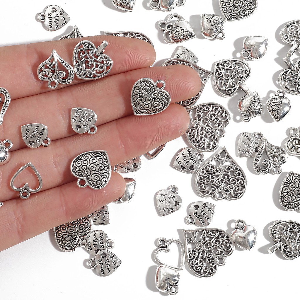 10/20/30/50 PCS Mix Size Alloy Heart Shape Antique Silver color Jewelry Accessories and Components for Making Bracelet Necklace