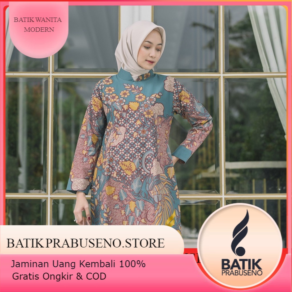 MERAK INDAH Tunik Batik Wanita Atasan Modern Original Prabuseno Baju Lengan Panjang Muslim Hijab Kem