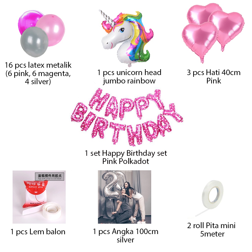 [PAKET] Kids BIRTHDAY Set UNICORN RAINBOW PINK Dekorasi Backdrop Ulangtahun Anak