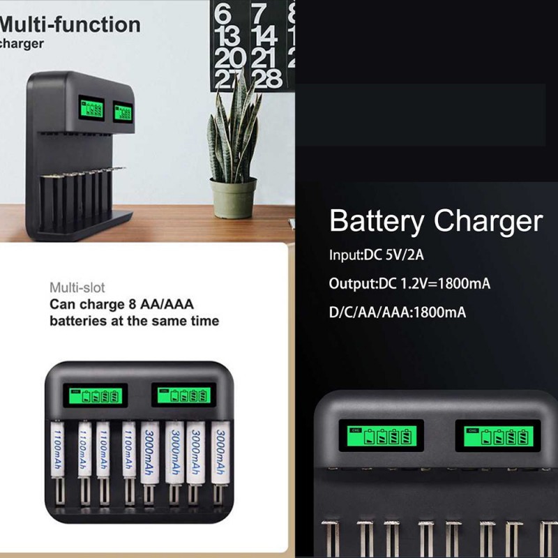 Charger Baterai Casan 8 Slot Dual Proteksi LCD USB Micro-Type C