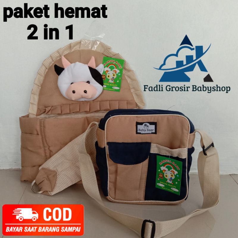 Paket Hemat ( 2 in 1 ) Tas Bayi Dan Samping Bayi Topi Boneka Sapi Terbaru