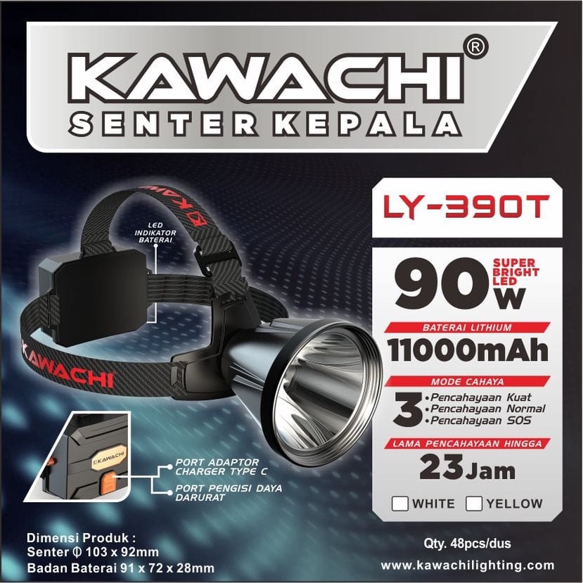 COD Kawachi Senter Kepala LED Super Terang Lithium LY 390T Cahaya Putih 90 WATT