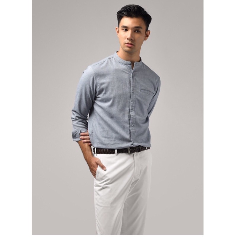Kalpen Collarless Shirt Navy Preppstudio