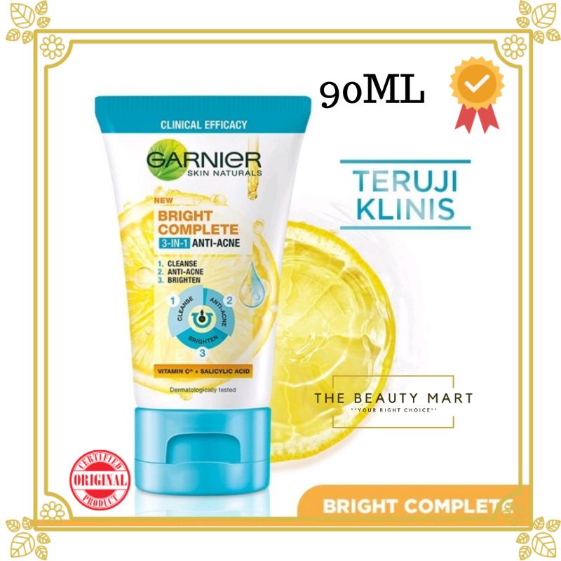 Garnier Bright Complete 3-in-1 Anti Acne Facial Wash | Pembersih Wajah Berjerawat 90ml