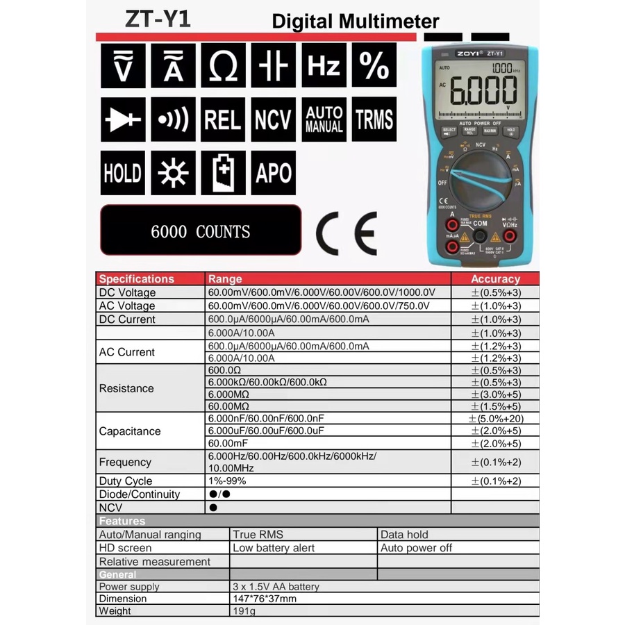 ZOYI ZT-Y1 Digital Multitester AC/DC Voltage Resistance Capacitance