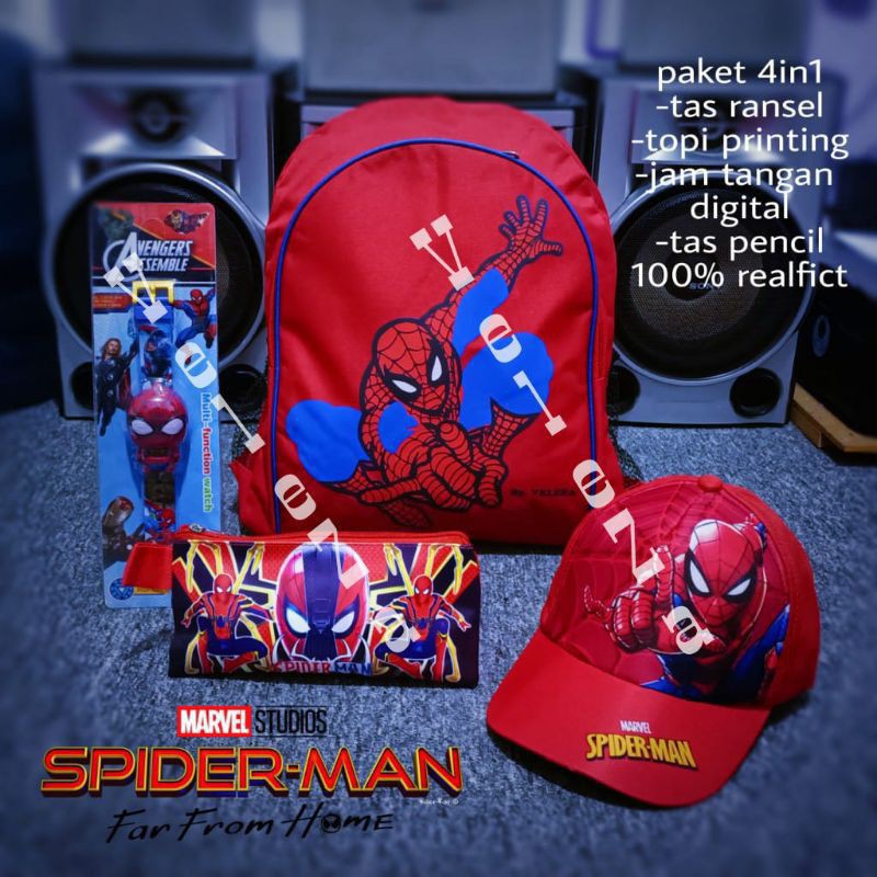 Tas ransel anak laki-laki karakter spiderman 4in1 - Ransel + Topi + Jam + Tempat Pinsil