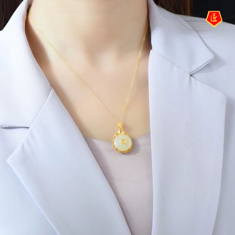 [Ready Stock]Hetian Jade Safety Buckle Pendant Women's Gold Inlaid with Jade Temperament