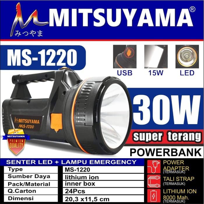 Mitsuyama Senter Led Lampu Emergency 2 in 1 MS 1220 30W PUTIH Senter Led Super Terang LED