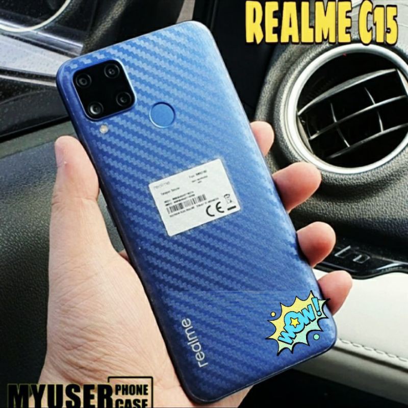 Realme C15 Skin Carbon 3D Fiber - Garskin Karbon Realmi C12 / C15 Stiker Anti Gores Belakang Premium