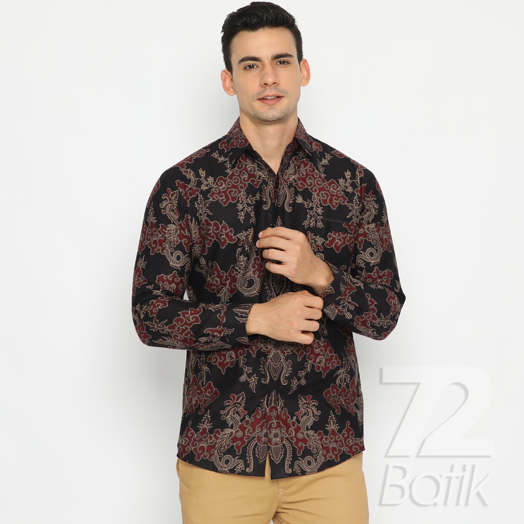 BATIK PRIA LENGAN PANJANG Kemeja Hem Slimfit Premium Motf Elegant Warna Hitam Merah 723742 Cap 72 - Baju Kemeja Atasan Pakaian Setelan Batik Pria Cowok Laki Laki Remaja Keluarga Kantor Lengan Panjang Modern Slimfit Slim Fit Premium Kekinian