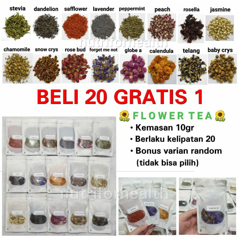 (20 FREE 1) 10gr Teh Bunga Flower Tea Chamomile | Telang | Lavender | Jasmine | Peach Blossom |Apple