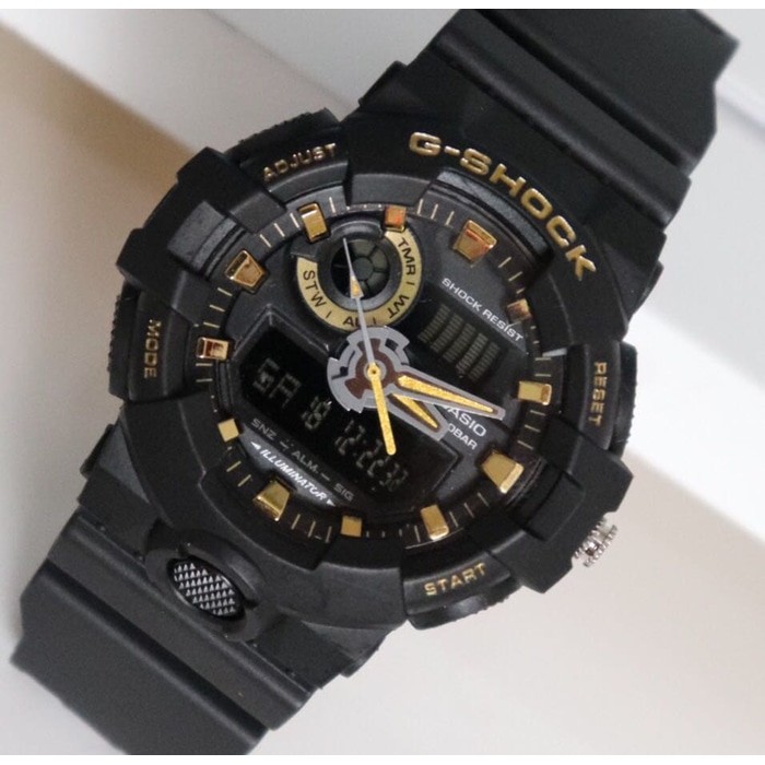 Jam tangan G Shock GA 700 Dual Time Hitam list gold