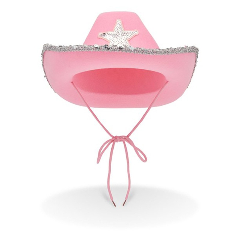 Topi Cowgirl Warna Pink Aksen Sequin Untuk Pesta Halloween