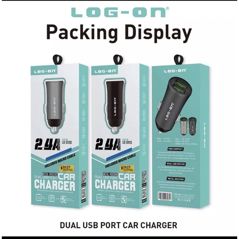 LOG ON SAVER 2USB 2.4A LO-SV20 CHARGER MOBIL &amp; MOTOR (KEPALA CHARGER PLUS KABEL MICRO 1M) FAST CHARGING