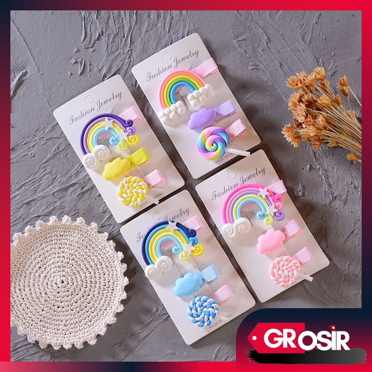 Grosir - F711 (3PCS) Jepitan Rambut Rainbow Clay / Aksesoris Rambut Pelangi Anak / Kado Ultah Lucu