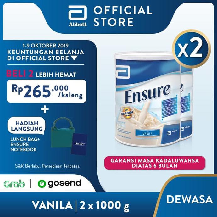 

GRATIS ! Ensure Vanila 1000 g Susu Nutrisi Dewasa Rendah Laktosa - 2 klg
