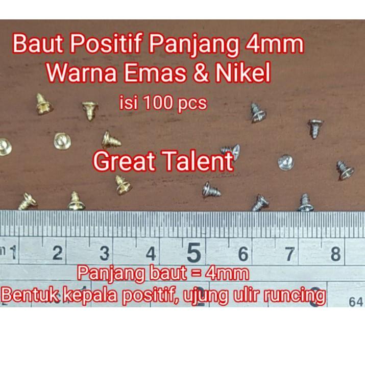 

10.10 sale 100 pcs Baut 4x2 Emas Gold atau Nikel Silver - Baut Positif Panjang 4mm - Mur 4x2 - Great