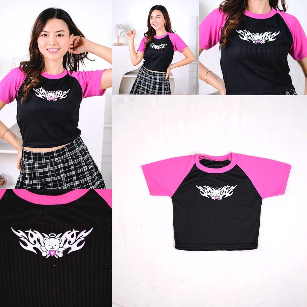 BEFAST - ZEC OOTD Kaos Crop RISA / Crop Top Bear Pink RIB / Tshirt Crop Top Wanita / Kaos Lengan Pendek / OOTD Remaja Wanita Ala Korean Style / Kaos Crop Motif / Pakaian Kaos Santai Remaja Wanita Kekinian / Crop Top Termurah