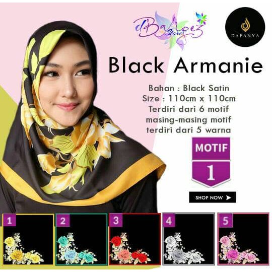 HIJAB SEGIEMPAT BLACK ARMANIE SATIN MOTIF 1 BY DAFANYA - JILBAB MURAH