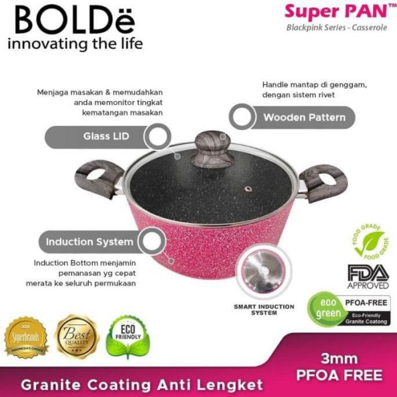 BOLDe Super Pan granite Casserole 24cm Blackpink + glass lid - panci BOLDE