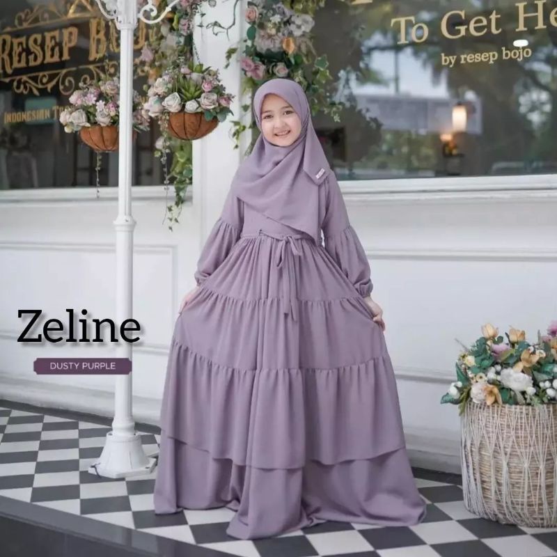 Gamis Anak Tanggung Perempuan Usia 10 11 12 13 14 15 Tahun Zeline Syari Kids Plus Pashmina Bahan Cer