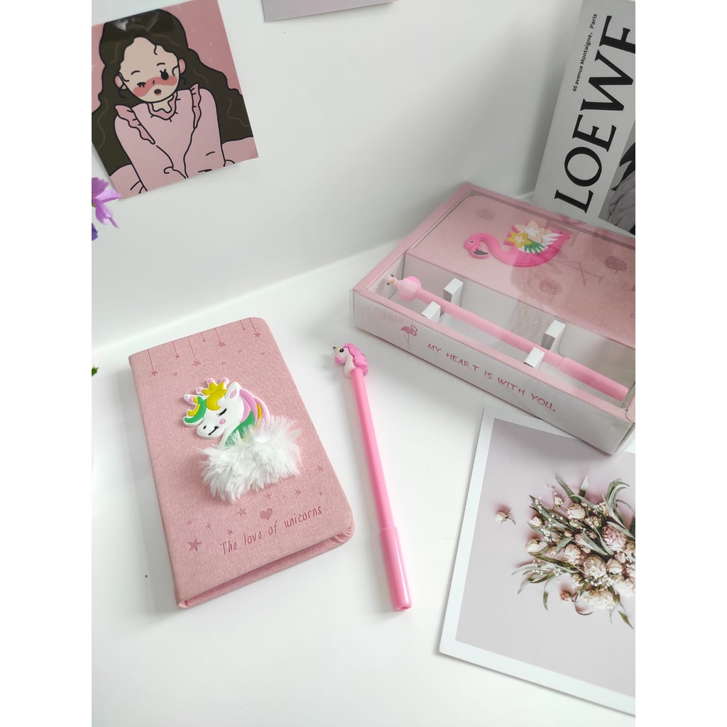 SET PAKET PULPEN DAN BUKU UNICORN FLAMINGO ALAT TULIS NOTEBOOK BOLPEN