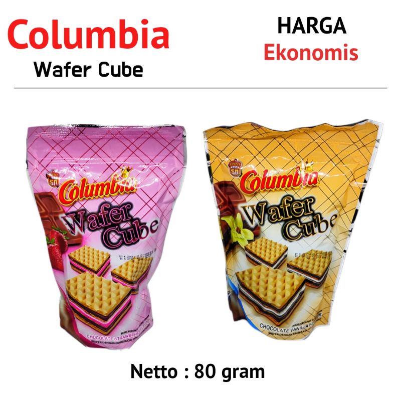 

Columbia Wafer Cube Chocolate Stroberry & Vanilla .Netto :80 gram