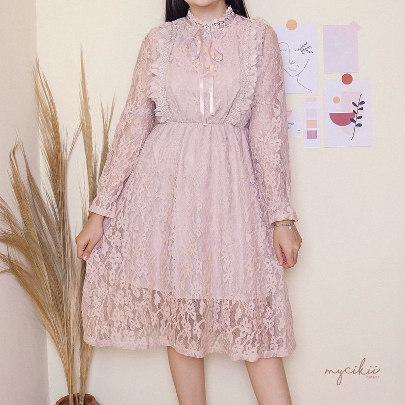 MyCikii Ulzzang Dress Full Brukat / dress vintage import / dress pendek renda brukat lengan panjang