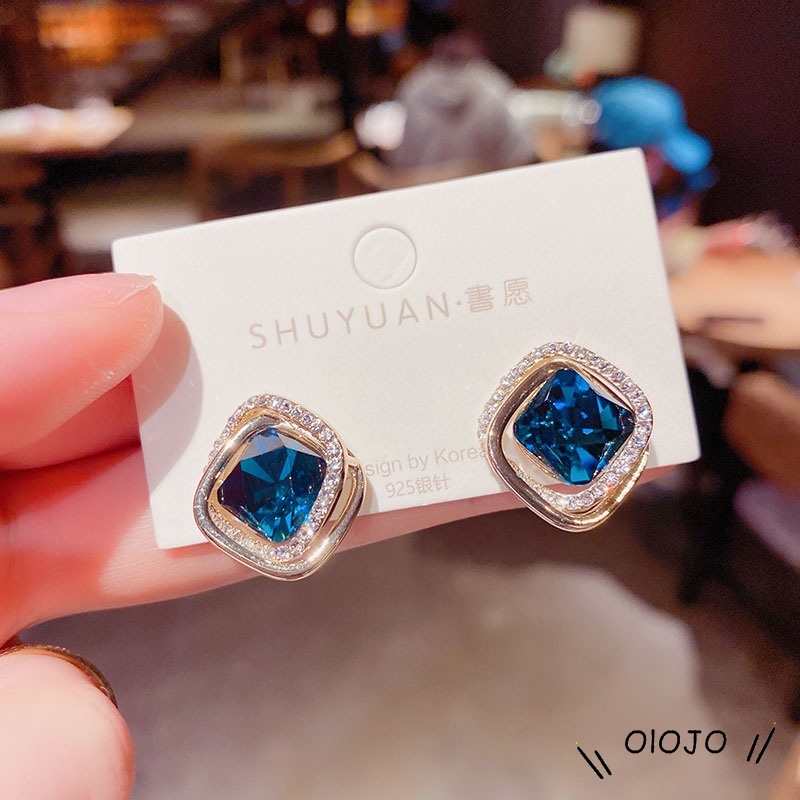 【COD】Korea S925 Perak Zirkon Anting-Anting Kristal Biru Ganda Cincin Anting-Anting Wanita Fashion Perhiasan Aksesoris