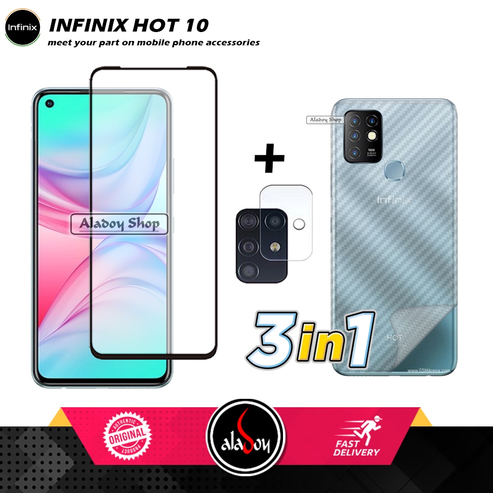 PAKET 3 IN 1 Tempered Glass Layar Infinix Hot 10 Free Tempered Glass Layar dan Skin carbon