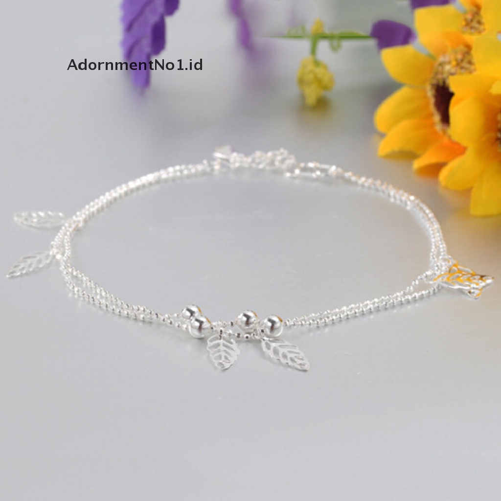 (AdornmentNo1) Gelang Kaki Lapis Silver Motif Daun Aksen Manik-Manik Untuk Perhiasan Wanita (ID)