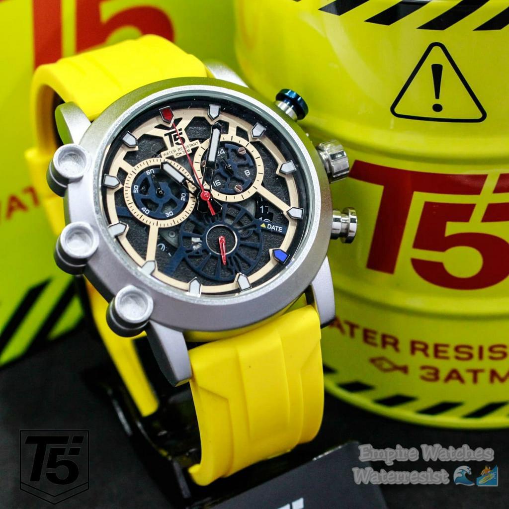 Jam Tangan T5 H3759G 3759 Pria Cowok Analog Chrono dan Tanggal Aktif Strap Rubber Original Waterproof