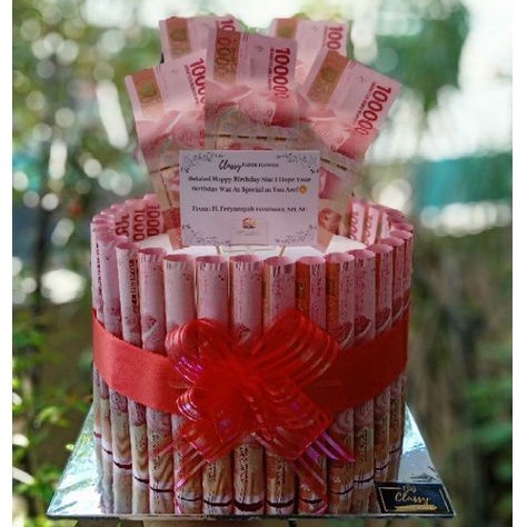 Money Birthday Cake / Bucket Buket Bunga Bentuk Kue / Uang Asli / Hadiah Kado Ulang Tahun / Anniv