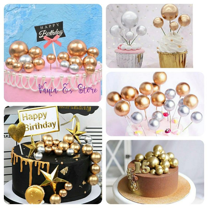 Cake Topper Bola Emas & Silver / Ball Topper Cake / Dekorasi Kue Ulang Tahun Mewah