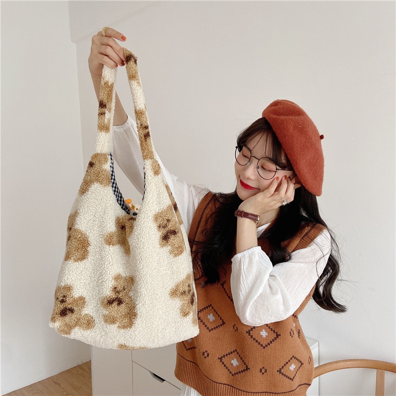 TB-79 tas bahu bulu halus motif beruang cute bear import korea jepang